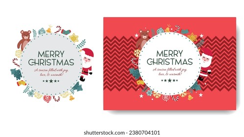 Merry Christmas gift packaging box design, wrap paper design logo design with round Christmas elements cap Santa socks tree teddy bear ornaments with wishes editable background vector file download