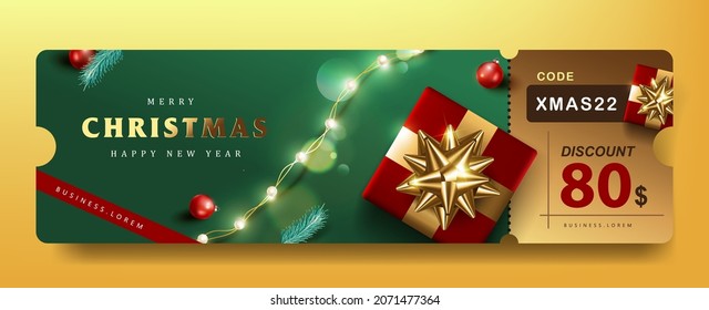 Merry Christmas Gift promotion Coupon banner with festive decoration for christmas