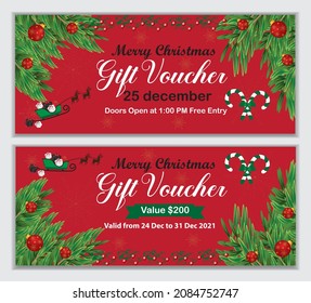 Merry Christmas gift promotion coupon voucher with Santa Claus sleigh full of gifts and his reindeers. Christmas balls and candy canes. Vector illustration.