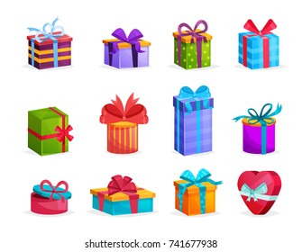 Merry Christmas gift. Set of gift boxes with bows and ribbons. Collection for Birthday, Valentine day. Holiday boxes of different shapes: rectangular, round, flat, in form heart. Vector illustration.