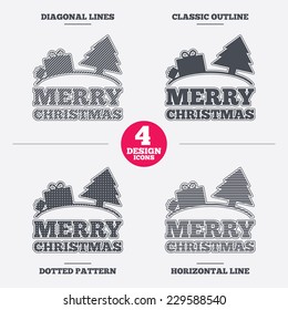 Merry christmas gift sign icon. Present and tree symbol. Diagonal and horizontal lines, classic outline, dotted texture. Pattern design icons.  Vector
