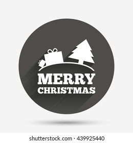 Merry christmas gift sign icon. Present and tree symbol. Circle flat button with shadow. Vector
