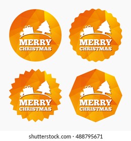 Merry christmas gift sign icon. Present and tree symbol. Triangular low poly buttons with flat icon. Vector