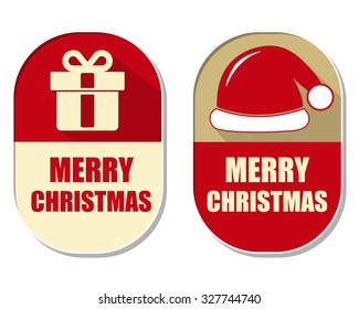 merry christmas with gift sign and red hat, two elliptic flat design labels with symbols, holiday concept, vector