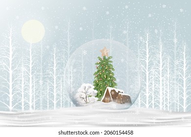 Merry Christmas Gift Snow Globe With Xmas Tree And House Inside On Snow Floor In Blue Background,Winter Wonderland Landscape With Glass Snow Ball 3d Design In White Forest Pine Tree For New Year 2022 