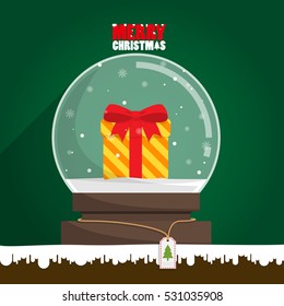 Merry Christmas gift in snow globe on green background. Snow flake falling inside.