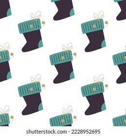 Merry Christmas! Gift socks with cute bows. Winter festival seamless pattern.