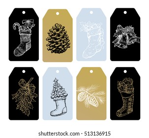 Merry Christmas gift tags labels of christmas tree ornaments, fir, pine cone, balls, jingle bells, gifts stocking sock, candy cane sweets. Vector New Year shopping sale cards