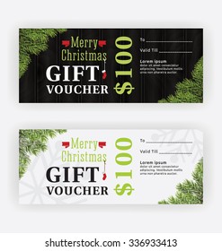 Merry Christmas Gift Voucher Certificate Template Design. Pine Twig Corner and Realistic Wood Board Background. Vector illustration