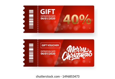 Merry Christmas gift voucher with Sale and golden text. New year.  Vector ticket or the coupon is on the receipt of gifts with Lettering and barcode.
