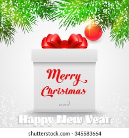 Merry christmas. Gift white box with a red bow. EPS 10