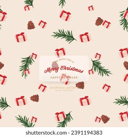 Merry Christmas gift wrap pattern. Illustrations of gifts and card Winter Holidays art pattern templates. Christmas design basic red and green. Holiday aesthetics embrace all the colors