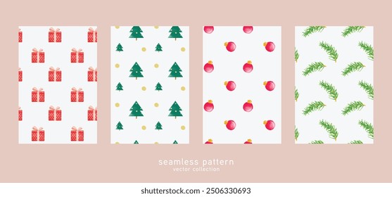 Merry Christmas gift wrap pattern. Illustrations of gifts and card Winter Holidays art pattern templates. Christmas design basic red and green. Holiday aesthetics embrace all the colors