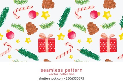 Merry Christmas gift wrap pattern. Illustrations of gifts and card Winter Holidays art pattern templates. Christmas design basic red and green. Holiday aesthetics embrace all the colors