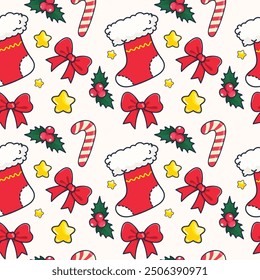 Merry Christmas gift wrap pattern. Illustrations of gifts and card Winter Holidays art pattern templates. Christmas design basic red and green. Holiday aesthetics embrace all the colors