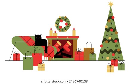 Merry Christmas. Gifts with bows and ribbons, cat, Christmas tree and fireplace with socks, candles. Stack of colorful present gift boxes. Set of wrapped gift boxes