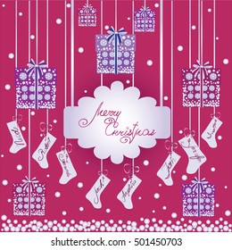 Merry Christmas. Gifts. Design a festive banner, poster, greeting card on red background.