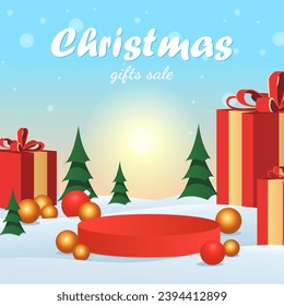 Merry Christmas gifts sale banner with stage product display cylindrical shape on the snowy ground, festive Christmas decorations.