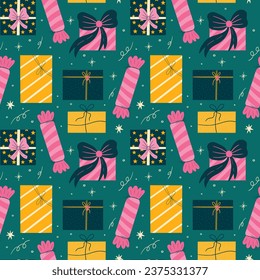 Merry Christmas gifts seamless vector pattern, birthday festive presents illustration, New Year holiday xmas celebration elements
