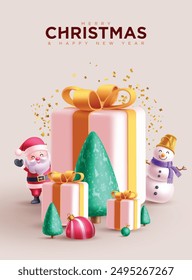 Merry christmas gifts vector poster design. Christmas and happy new year greeting text with santa claus, snowman characters, gift box and pine tree elements decoration for seasonal poster. Vector 