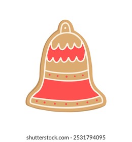 Merry Christmas Gingerbread cookie. Christmas bell Hand drawn vector homemade biscuit. Winter illustration for greeting card, poster, internet post. Happy new year