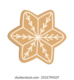 Feliz Natal Biscoito de gengibre em forma de estrela. Biscoito desenhado à mão vetor caseiro com cobertura. Ilustração de inverno para cartão de saudação, cartaz, publicação na internet. Feliz ano novo