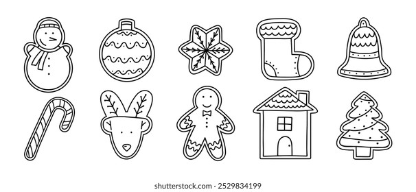 Merry Christmas Gingerbread cookies. Hand drawn line vector homemade biscuits. Christmas ball, stocking, tree, deer, star, candy cane, bell, house, snowman, gingerbread man. Big set