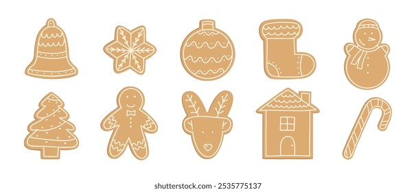 Merry Christmas Gingerbread cookies. Hand drawn line vector homemade biscuits. Big set. Christmas ball, stocking, tree, deer, star, candy cane, bell, house, snowman, gingerbread man