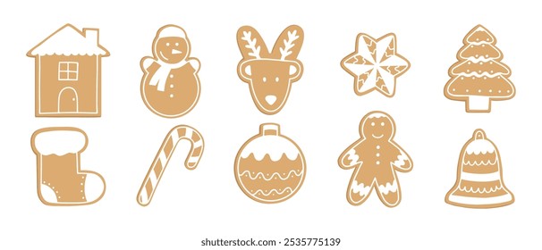 Merry Christmas Gingerbread cookies. Hand drawn line vector homemade biscuits. Christmas ball, stocking, tree, deer, star, candy cane, bell, house, snowman, gingerbread man. Big set