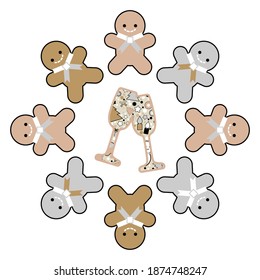 Merry Christmas gingerbread cookies on a white background. Happy new Year's holiday. Gold, silver, white, and black colors. Vector illustration for web design or print.