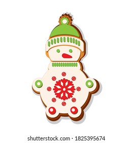 Merry Christmas. Christmas gingerbread cookies  with picture of snowman. Winter holiday food. Vector illustration