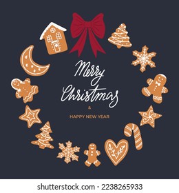 Merry Christmas gingerbread cookies wreath with red bow. Xmas and happy new year postcard. Vector illustration, holiday party invitation in flat style