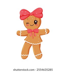 Merry Christmas Gingerbread Girl on white background. Gingerbread Cookie for poster, card, sticker. Flat Christmas vector illustration.