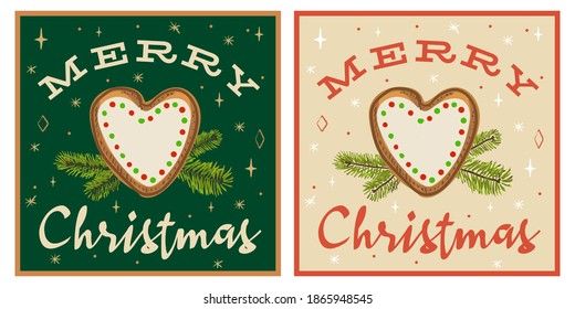 Merry Christmas gingerbread heart vintage retro poster invitation card