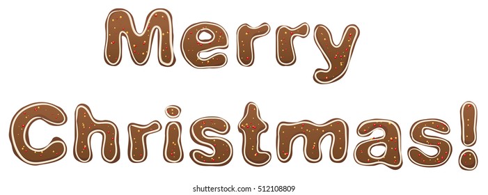 Merry Christmas. Gingerbread lettering text for greeting card. Isolated on white vector illustration