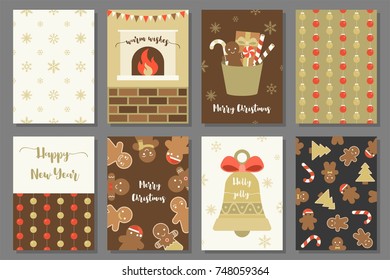 Merry Christmas with gingerbread man and other elements for holidays with greeting card template and seamless pattern for wrapping paper