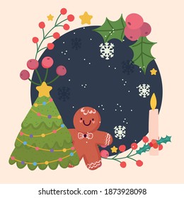 merry christmas gingerbread man tree snowflakes candle decoration frame vector illustration