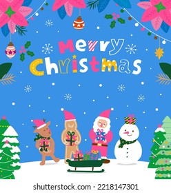 Merry Christmas; Gingerbread, Santa Claus, reindeer and snowman celebrate Xmas