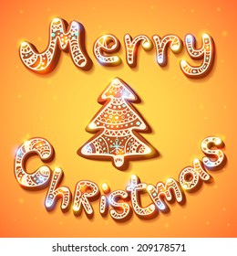 Merry Christmas gingerbread text sign and tree season greetings shiny postcard