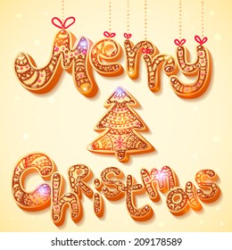 Merry Christmas gingerbread text sign and tree season greetings shiny postcard