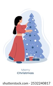 Merry Christmas. Girl decorates a Christmas tree with gifts. Young woman celebrates New Year. Greeting card, poster, banner, invitation card. Flat vector illustration.