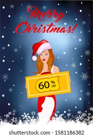 
Merry Christmas! Girl dressed as Santa. Shopping, discounts. Vector graphics.
