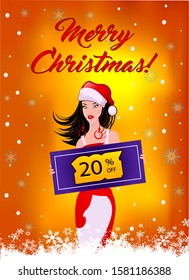 
Merry Christmas! Girl dressed as Santa. Shopping, discounts. Vector graphics.