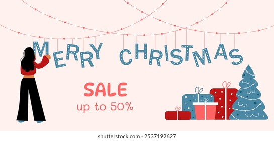 Merry Christmas. Girl, Christmas tree, gift boxes. Greeting card, poster, banner. Holiday sale. Flat vector illustration