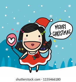 Merry Christmas girl wear Santa Claus cartoon vector doodle illustration