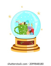 Merry Christmas glass ball with candies cup snowflakes and candles Vector illustration