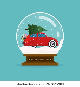 Merry christmas glass ball with car and christmas tree. Flat design modern vector illustration concept.