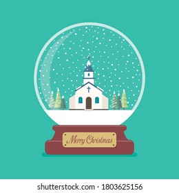 Merry christmas glass ball with church in winter season. Vector illustration