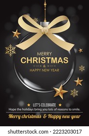 Merry christmas with glass ball for flyer brochure design on black background invitation theme concept. Happy holiday greeting banner and card template.