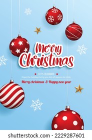 Merry christmas with glass ball for flyer brochure design on blue background invitation theme concept. Happy holiday greeting banner and card template.